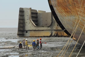 Chittagong: Workers stand near the The 42,000 dwt oil tanker, Lara 1