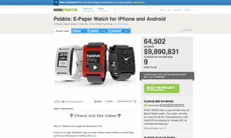 The Pebble watch on the Kickstarter website