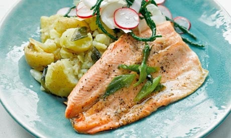 Yotam Ottolenghi's recipe for sea trout with crushed jersey royals and  samphire and radish salad, Fish