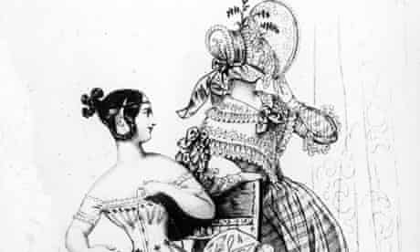 A young Victorian woman lacing her fashionable whalebone corset in the company of a friend.