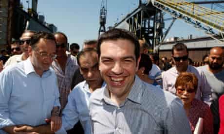 Syriza leader, Alexis Tsipras, meets workers at a shipyard during the Greek election campaign