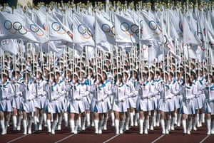 Olympic games opening: Seoul 1988: A sea of Olympic flag bearers during the opening ceremony