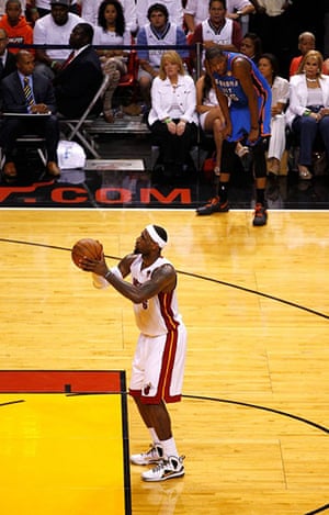 NBA5: LeBron James of the Miami Heat attempts a technical free throw