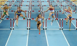 Jessica Ennis leads the women's pentathlon 60m hurdles at the 2012 IAAF World Indoor Athletics Championships in Istanbul on 9 March 9 2012. Photograph: Mustafa Ozer/AFP/Getty Images