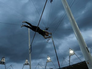 British record holder Holly Bleasdale performs in a guest women's pole vault competition during the British Universities and Colleges Sport Athletics Championship (BUCS) at the Olympic Stadium in the Olympic Park in London on 5 May 2012. Photograph: Matt Dunham/AP