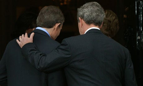George Bush and Tony Blair enter Downing Street