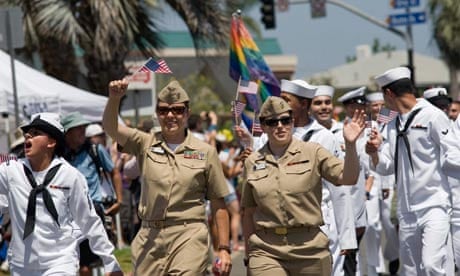 US military members march in full uniform at San Diego gay pride