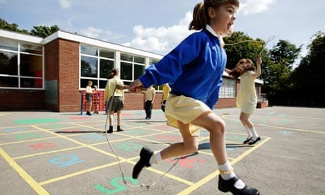 Schoolgirls skipping in a primary school playground in the UK