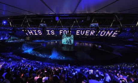 Lights around the Olympic stadium read 'This is for Everyone', referring to the world wide web as Sir Tim Berners-Lee joins the opening ceremony  