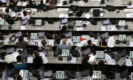Behind the scenes: journalists work in the tribune during the women's qualification of the artistic gymnastics event at the 02 North Greenwich Arena. Photograph: Thomas Coex