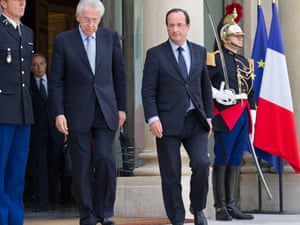 Italian prime minister Mario Monte and French president Francois Hollande leave the Elysee palace in Paris after a working lunch. Photo: AFP/GettyImages
