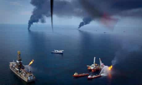 Oil is burned off the surface of the water near the Deepwater Horizon spill in the Gulf of Mexico