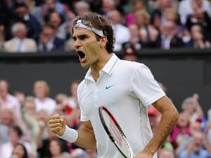 Roger Federer celebrates winning the third set in his semi-final with Novak Djokovic on 6 July 2012.
