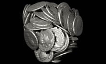 A rendered image of the Roman coins extracted from the CT data of the complete pot