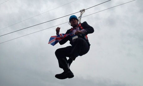 Boris Johnson Gets Stuck On A Zip Wire Celebrating Olympic Gold Politics The Guardian