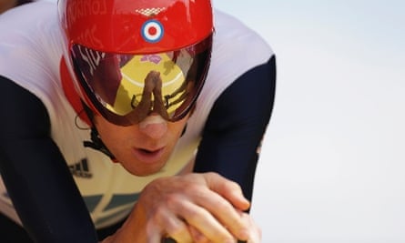 Bradley Wiggins before the start of the men's individual time trial cycling event. Photograph: Matt Rourke/AP