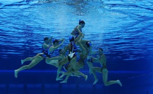 Synchronised swimming: Australia's team are seen underwater 