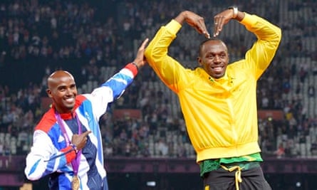Mo Farah and Usain Bolt celebrate