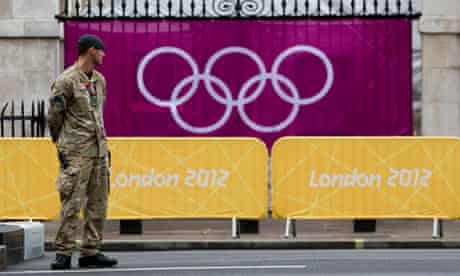 A soldier guards the Olympic volleyball venue in central London