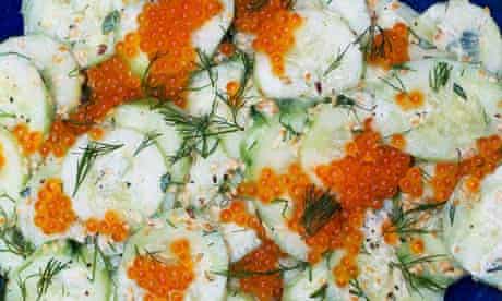 Cucumber salad with trout roe, sesame seeds and herbs