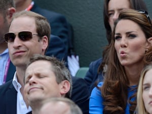 The Duke and Duchess of Cambridge react as they watch Andy Murray in action, during his quarterfinal match of the Men's Singles. Murray won the match