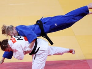 In a flying leap Britain's Gemma Gibbons takes down Marhinde Verkerk of the Netherlands in their judo match