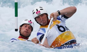 Britain's David Florence (R) and Richard Hounslow compete in the men's canoe double semi-final at Lee Valley White Water Centre