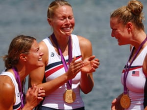 A mixture of emotions for the US rowers after winning the gold medals at the victory ceremony after the women's eight finals rowing event