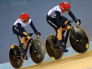 Victoria Pendleton and Jess Varnish in the Women's Team Sprint Qualifying at the Velodrome. They broke the world record, only for the Chinese pair to break it again moments later
