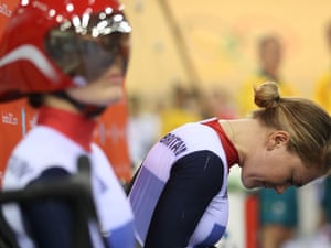 Jess Varnish shows her frustration during the women's sprint track cycling qualifying at Velodrome. Jess Varnish and Victoria Pendleton were disqualified because of an illegal changover