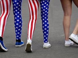 Nick Miller and his sister Kendall Miller from San Francisco wear some patriotic leotards as they walk with a friend through Olympic Park