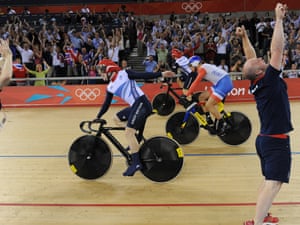Joy at the Velodrome as Philip Hindes, centre, celebrates victory in the final over France