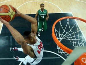 A soaring Russell Westbrook of United States slam dunks against Nigeria.