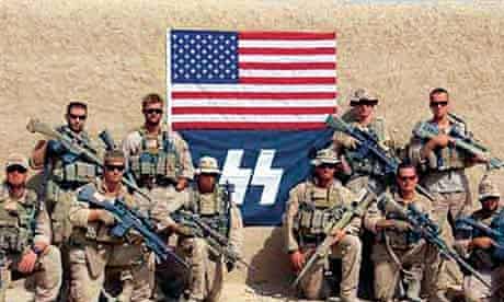 US marines pose with neo-Nazi flag