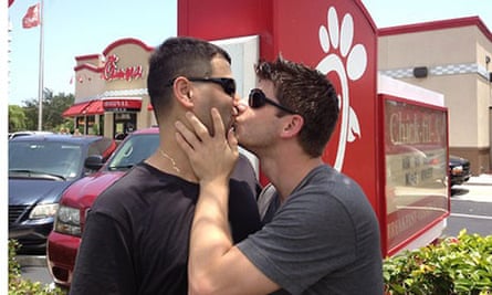 Two men kiss outside a Chick-fil-A in Florida.