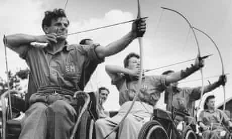 An archery class at the Ministry of Pensions Spinal Centre at Stoke Mandeville Hospital in 1949. 