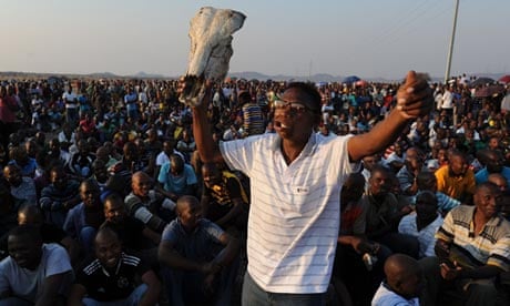 Workers protest at the Lonmin Marikana platinum mine
