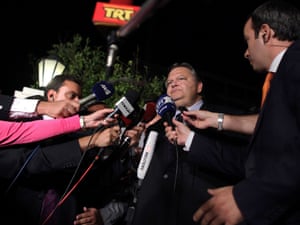 Leader of Panhellenic Socialist Movement (PASOK) Evangelos Venizelos, addresses the media after a meeting with Greek coalition party leaders in Athens on Sunday, Sept. 9, 2012.