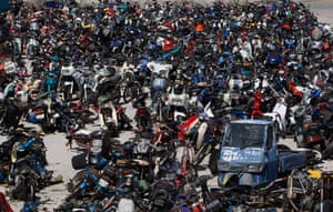 Greece scrapyard: Damaged and confiscated motorcycles are seen in a yard of ODDY in Athens