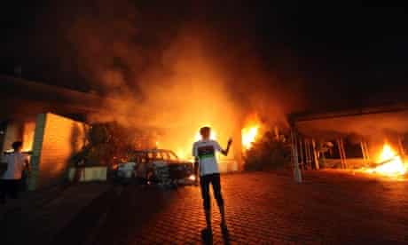 The U.S. Consulate in Benghazi is seen in flames during a protest by an armed group said to have been protesting a film being produced in the United States September 11. An American staff member of the U.S. consulate in the eastern Libyan city of Benghazi has died following fierce clashes at the compound, Libyan security sources.