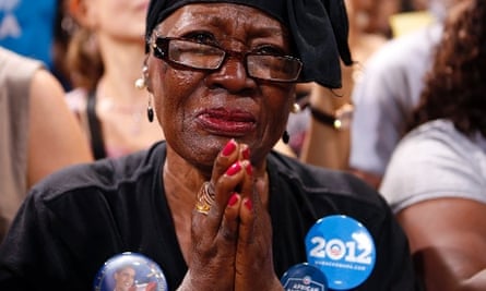 Mona Renee Johnson weeps as President Barack Obama speaks at a campaign rally last night in Las Vegas, Nevada.