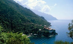 Mount Athos monastery and coastline, Greece.