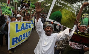 Film protests: Jakarta, Indonesia: Demonstrators shout slogans