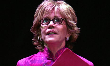 Jane Fonda reads onstage during a V-Day fundraiser in New York