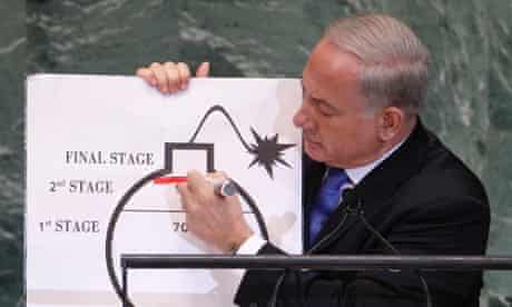 Benjamin Netanyahu draws a red line on a graphic of a bomb as he addresses the UN general assembly in New York.