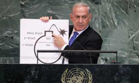 Benjamin Netanyahu uses a graphic as he addresses general assembly at UN headquarters in New York.
