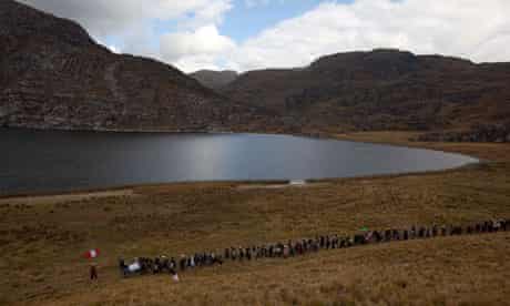 People protest against the Conga gold and silver mining project in Peru