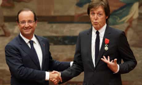 French president François Hollande awards former Beatle Sir Paul McCartney the Legion of Honour