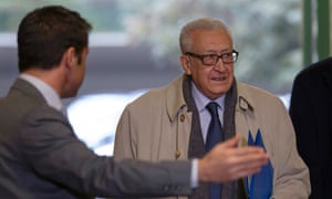 Lakhdar Brahimi, international mediator for Syria, arriving at the UN's European HQ in Geneva for talks with top US and Russian envoys