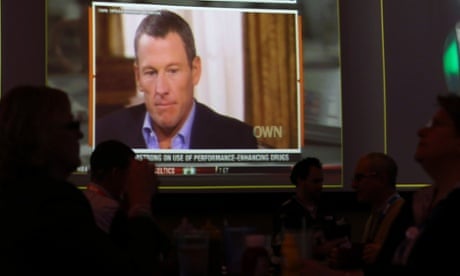 A video screen at a hotel restaurant in Grapevine, Texas, Friday, shows Lance Armstrong being interviewed by Oprah Winfrey.